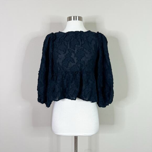 NEW Free People | Callie Puff Sleeve Flocked Open Tie Back Peplum Crop Top XS - Picture 2 of 12